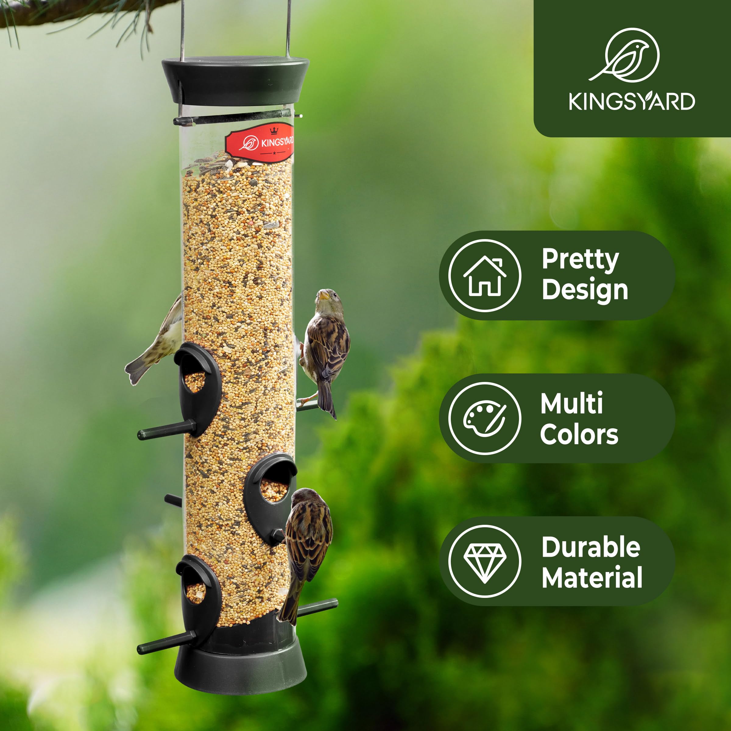 Kingsyard bird feeder clear seed compartment helps monitor seed levels.