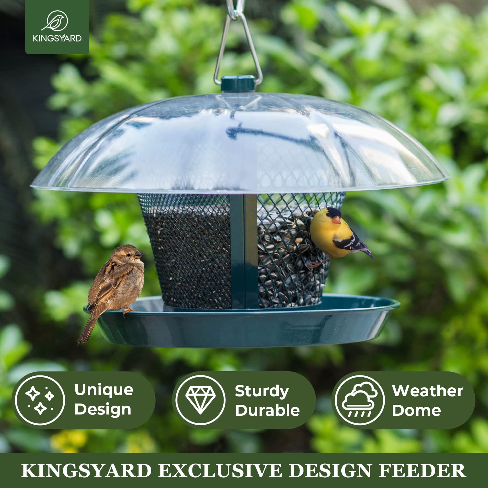 Kingsyard bird feeder dual compartments separate seeds for diverse visiting birds