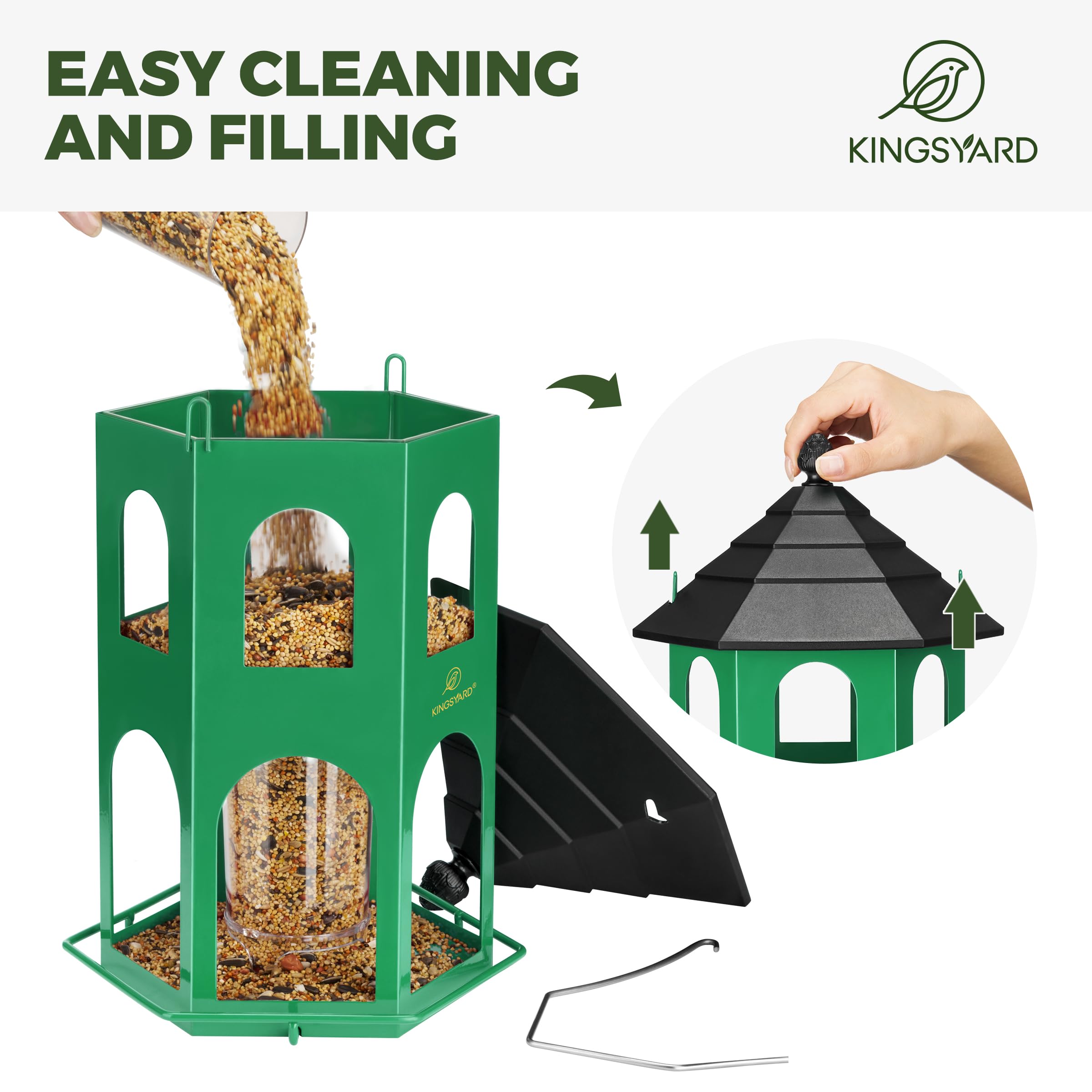 Kingsyard easy-refill bird feeder with transparent seed compartment for quick checks.