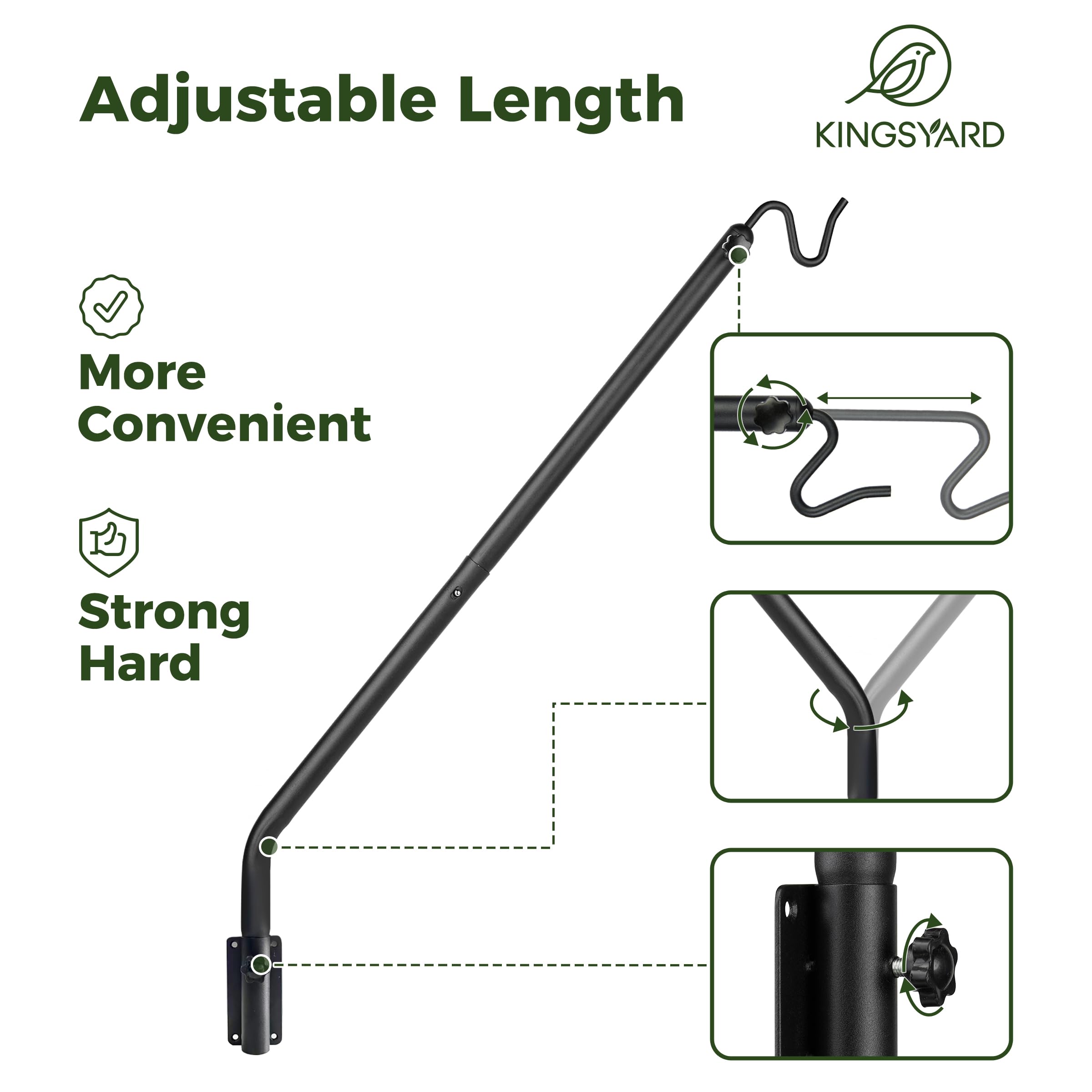 Kingsyard wall hanger suited for bird feeders, planters, lanterns, and wind chimes.
