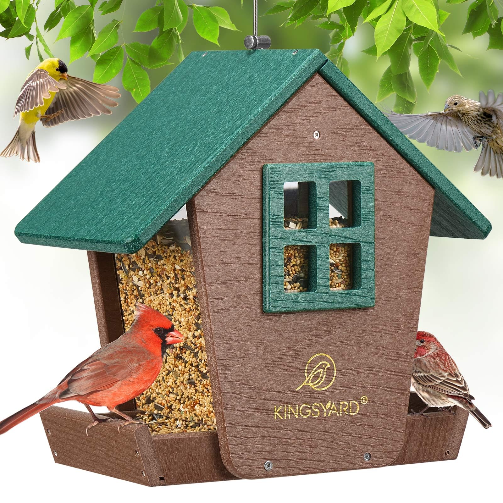Kingsyard bird feeder house hanging outdoors in green, weatherproof for year-round use.