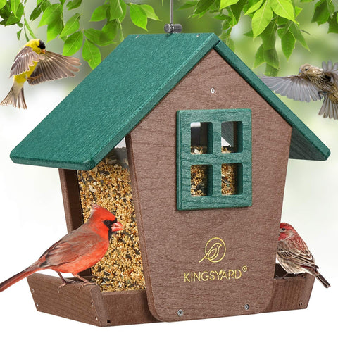 Kingsyard bird feeder house hanging outdoors in green, weatherproof for year-round use.