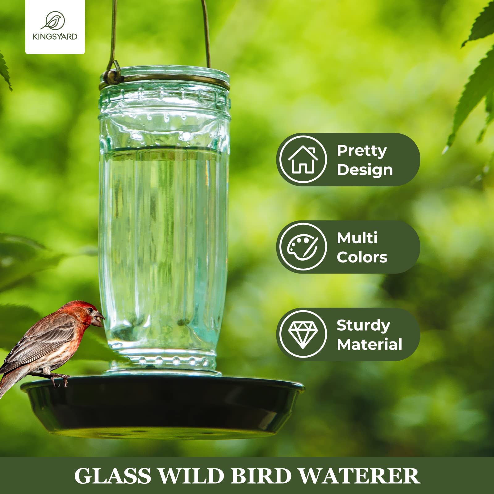 Kingsyard bird feeder with metal hanging base on a garden fence.