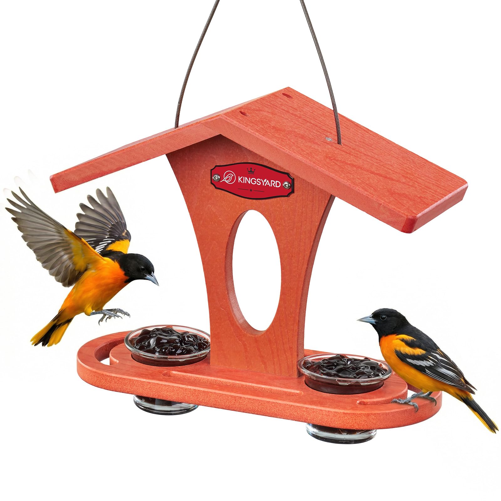 Kingsyard bird feeder outdoors with orange finish attracts orioles and enhances garden décor.