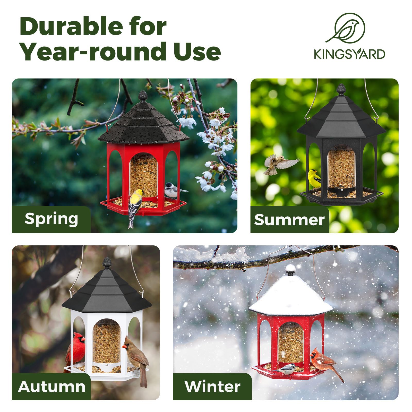 Kingsyard bird feeder closeup of perches and seed compartments for easy viewing