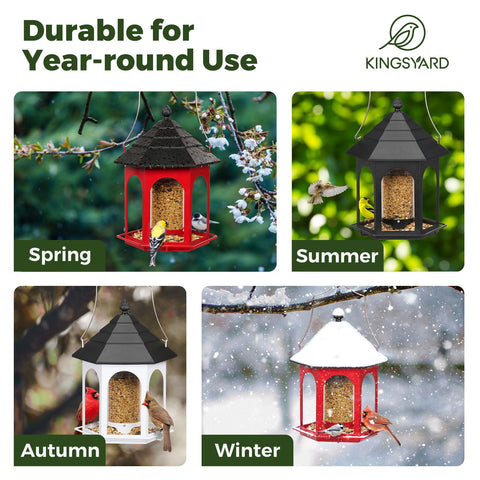 Kingsyard bird feeder closeup of perches and seed compartments for easy viewing