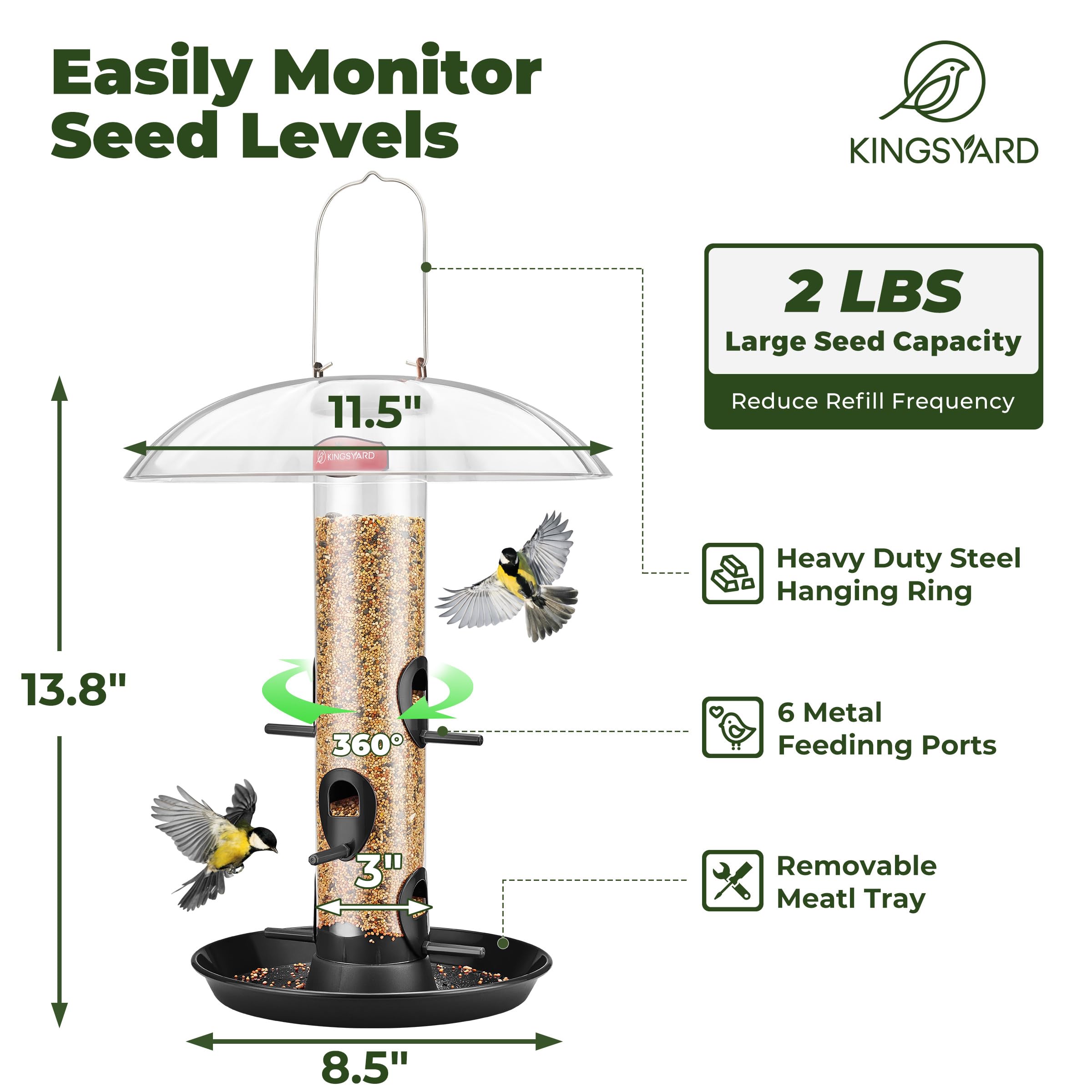 Kingsyard metal bird feeder with 3-lb seed capacity keeps feed available.