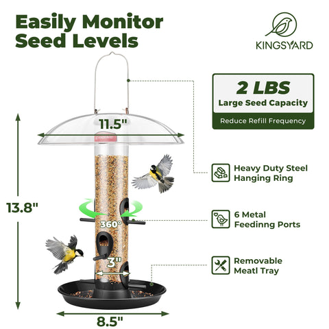 Kingsyard metal bird feeder with 3-lb seed capacity keeps feed available.