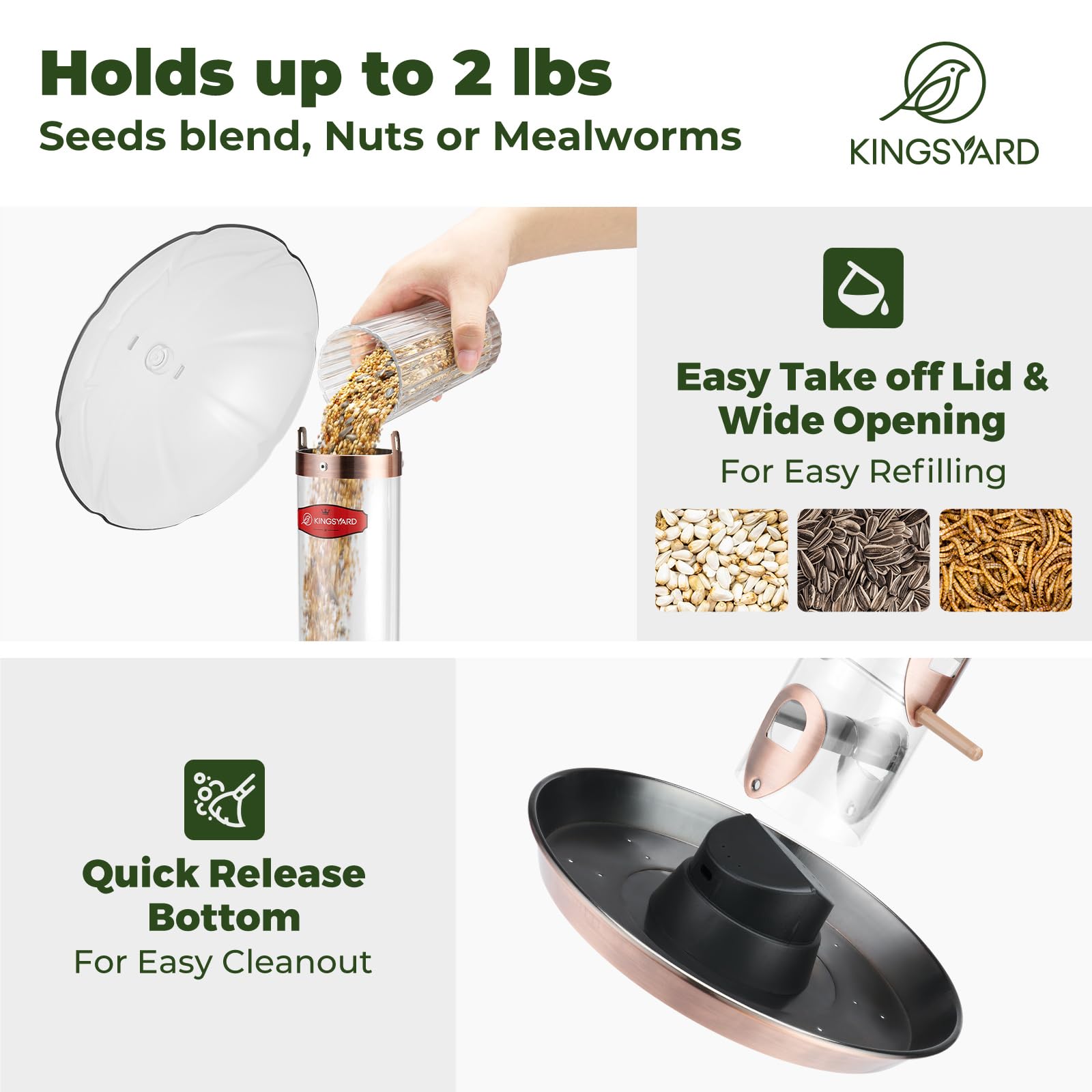 Kingsyard seed-saving tray catches spills to reduce waste.