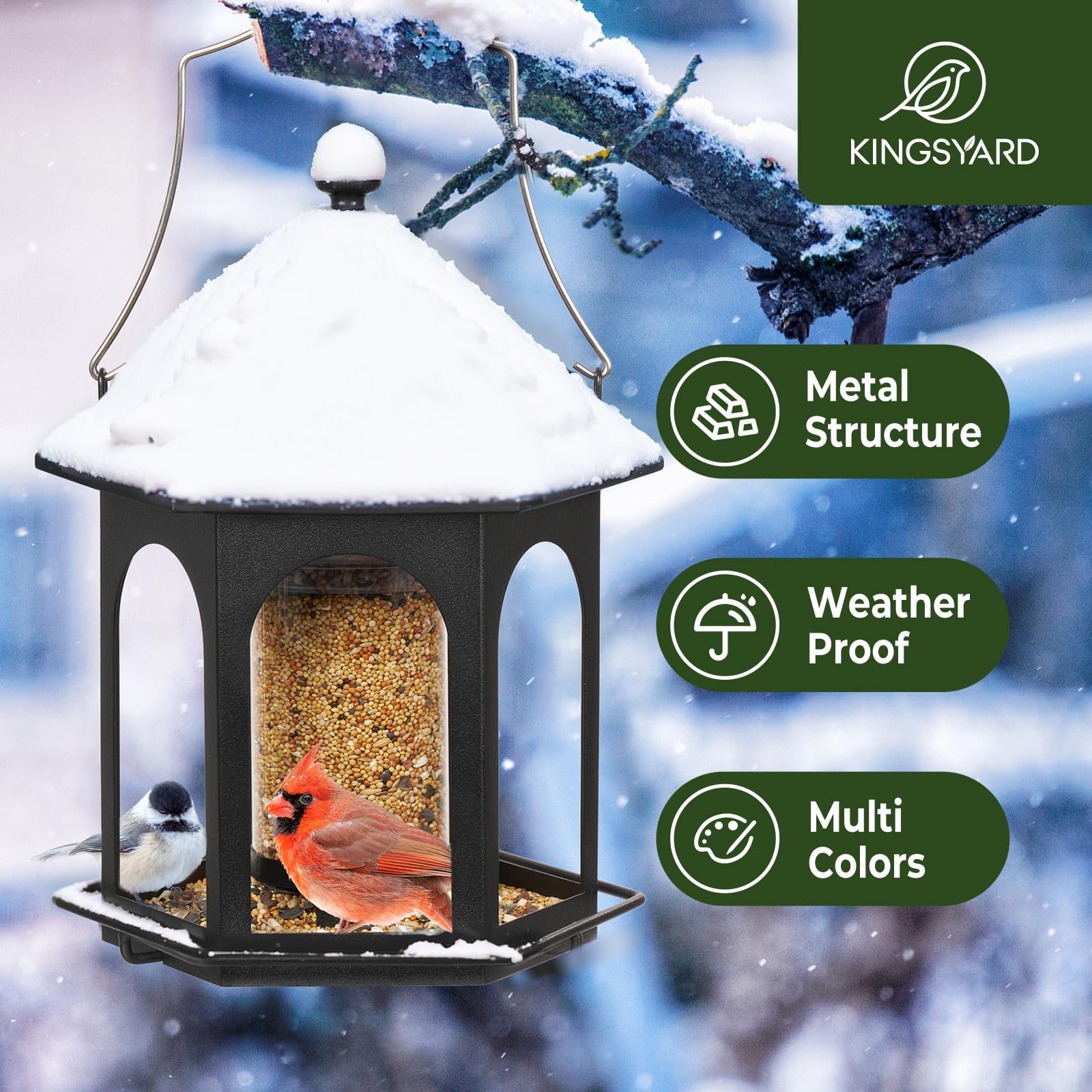 Kingsyard black metal bird feeder invites cardinals, finches, and bluebirds to your yard