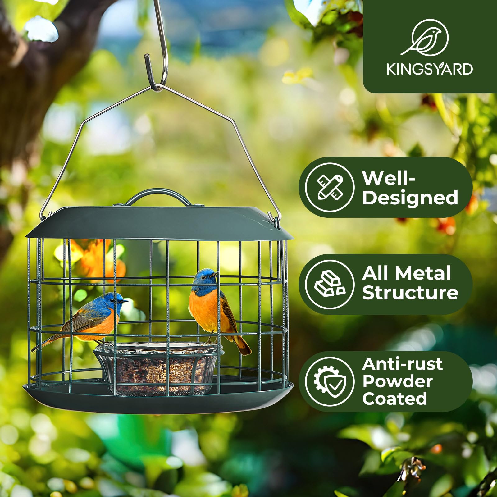 Kingsyard all-metal cage feeder shows durable, squirrel-resistant construction for backyard birds