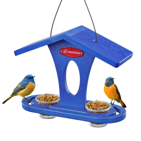 Kingsyard bluebird feeder with two 5 oz dishes for easy mealworm feeding.