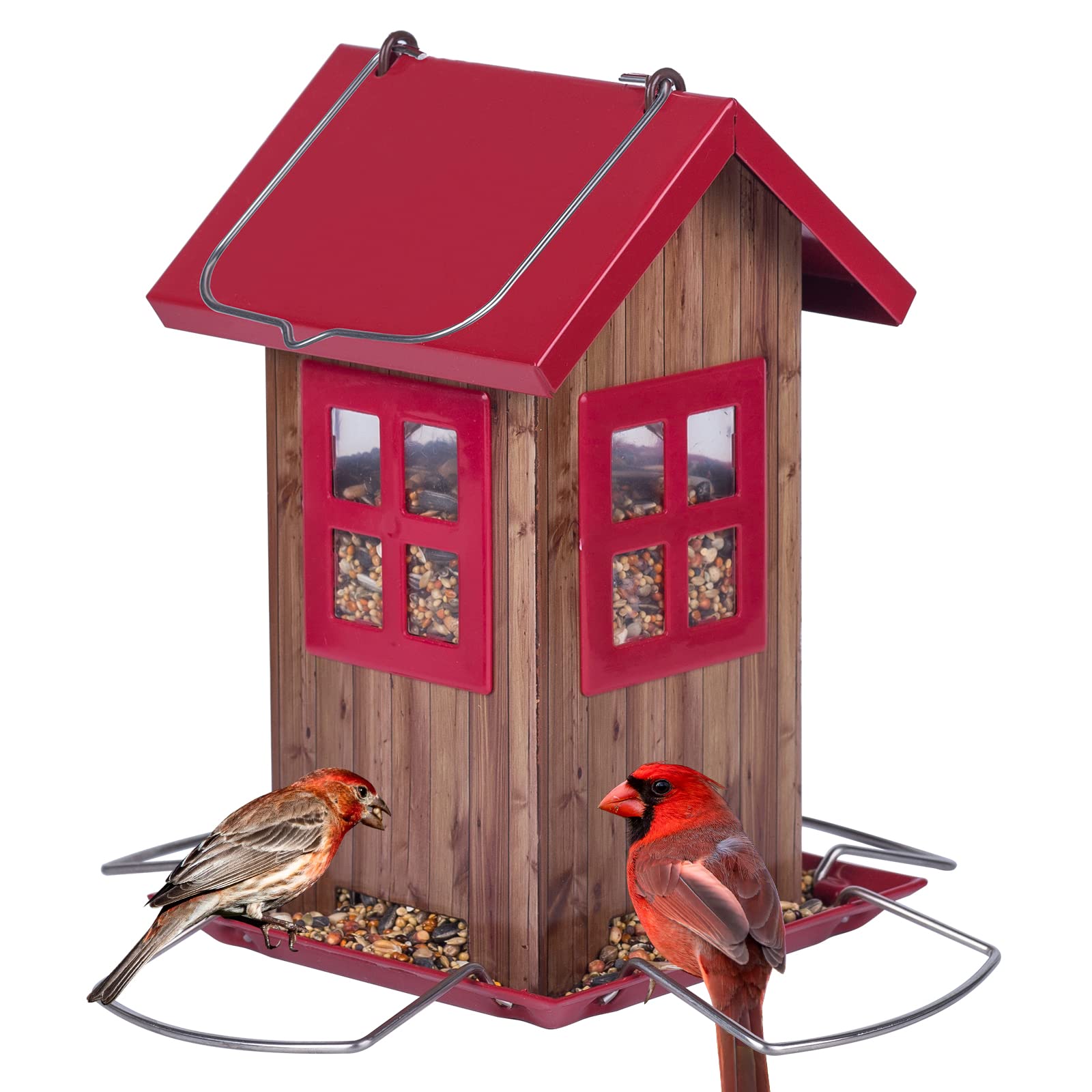 Kingsyard Cute Bird House Feeder with 4 ports front view attracts cardinals and finches