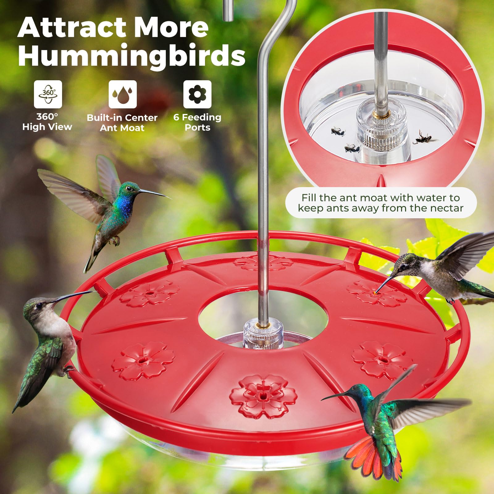 Kingsyard hummingbird feeder with six bee-proof ports for safe nectar feeding.