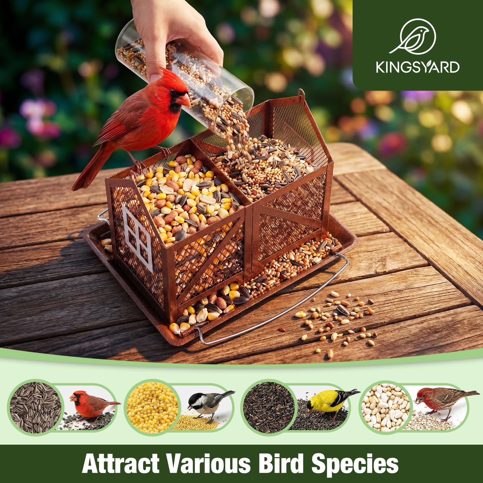Kingsyard durable metal construction with anti-rust coating withstands weather and squirrels.