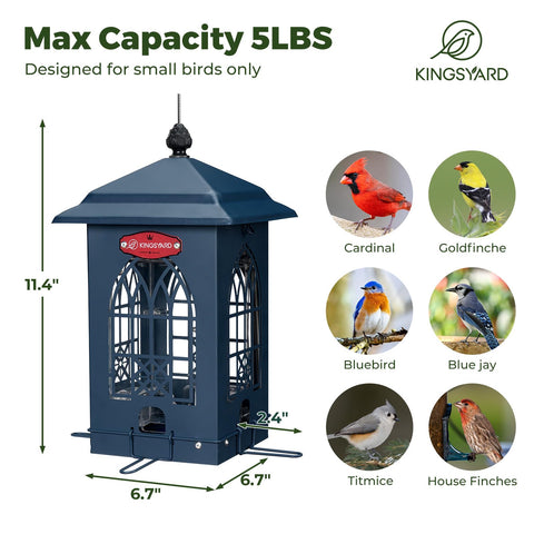 Kingsyard Durable metal bird feeder exterior stands up to weather and pecking.