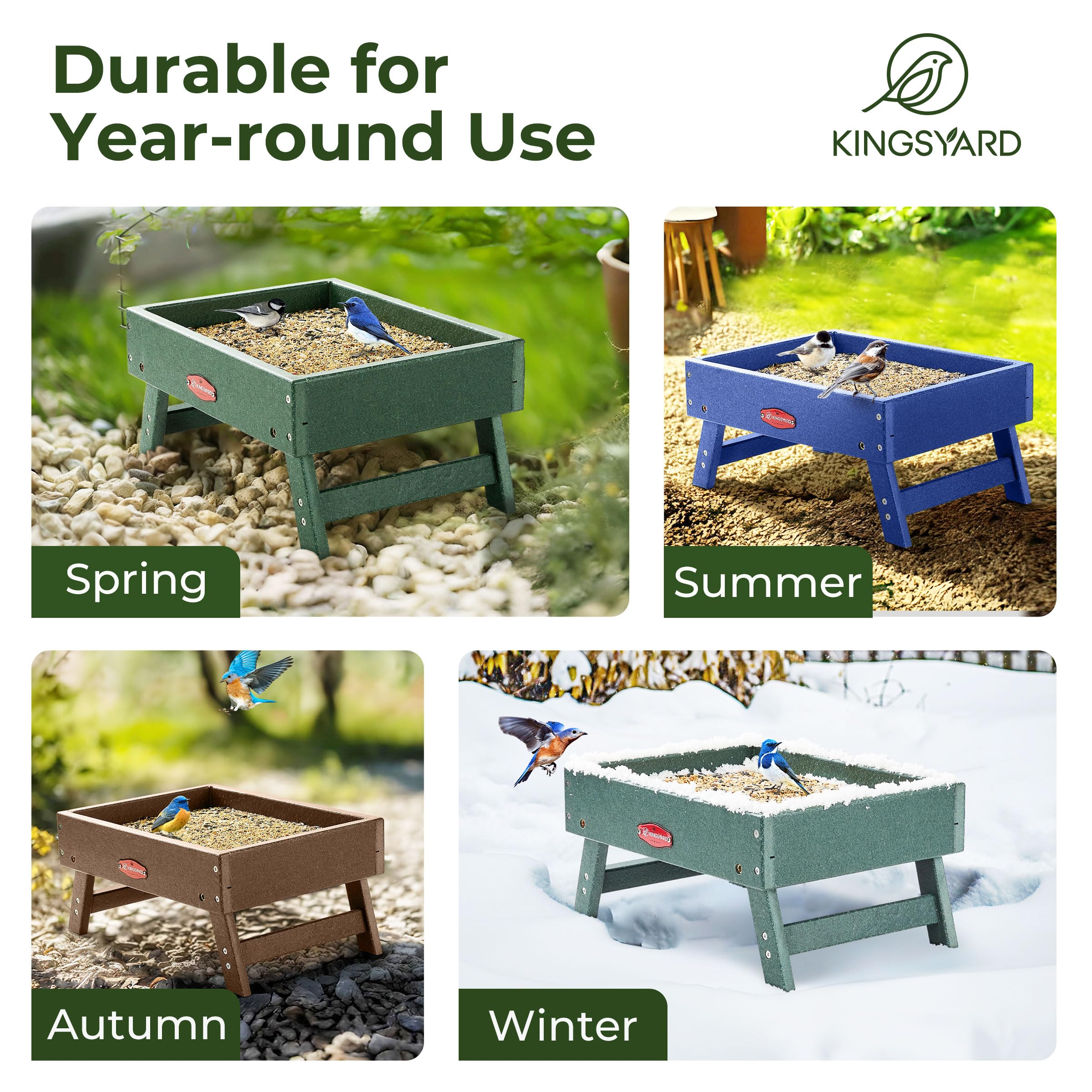 Kingsyard elevated feeding tray reduces moisture and seed clumping.