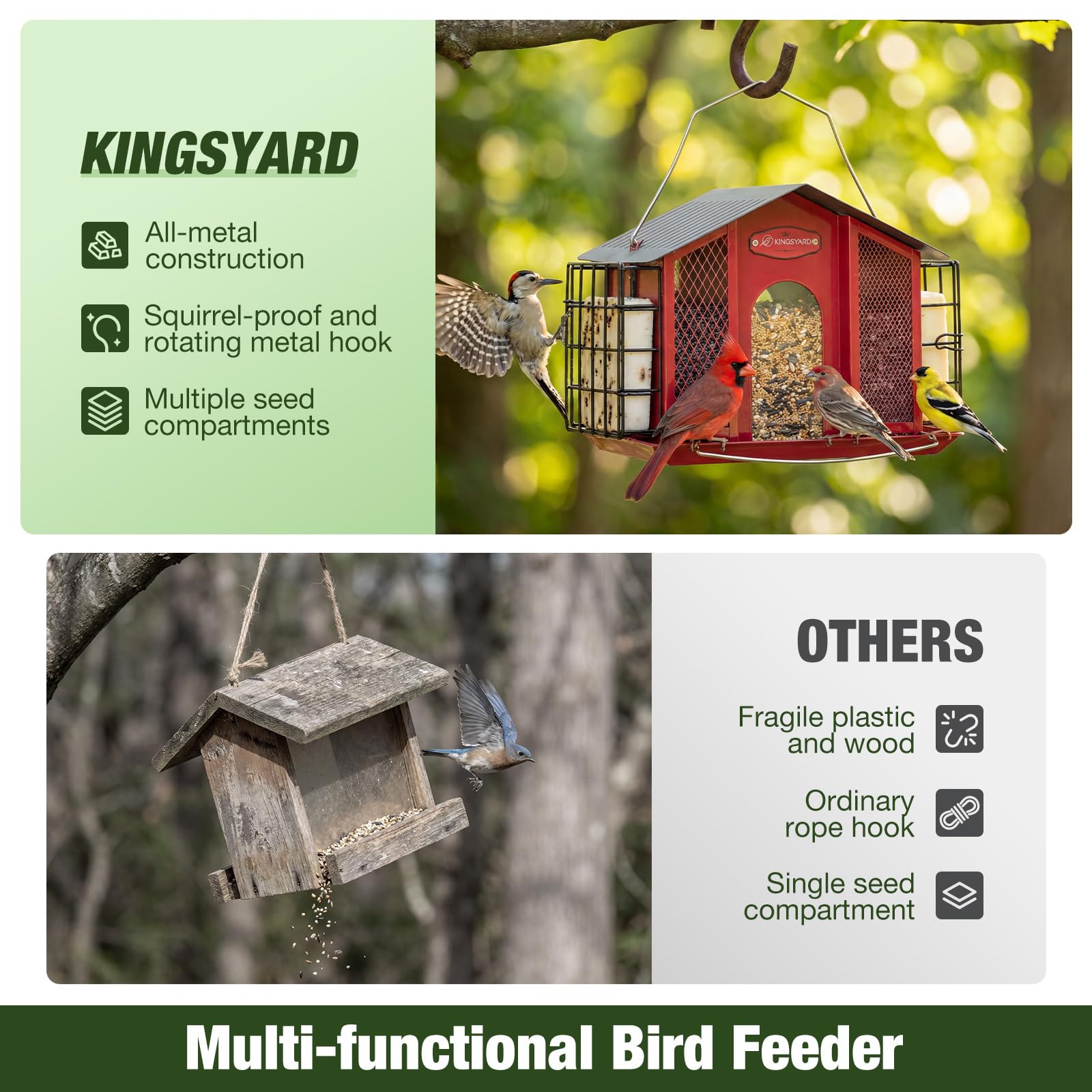 Extended perch design accommodates both large and small birds, reducing feeding conflicts.