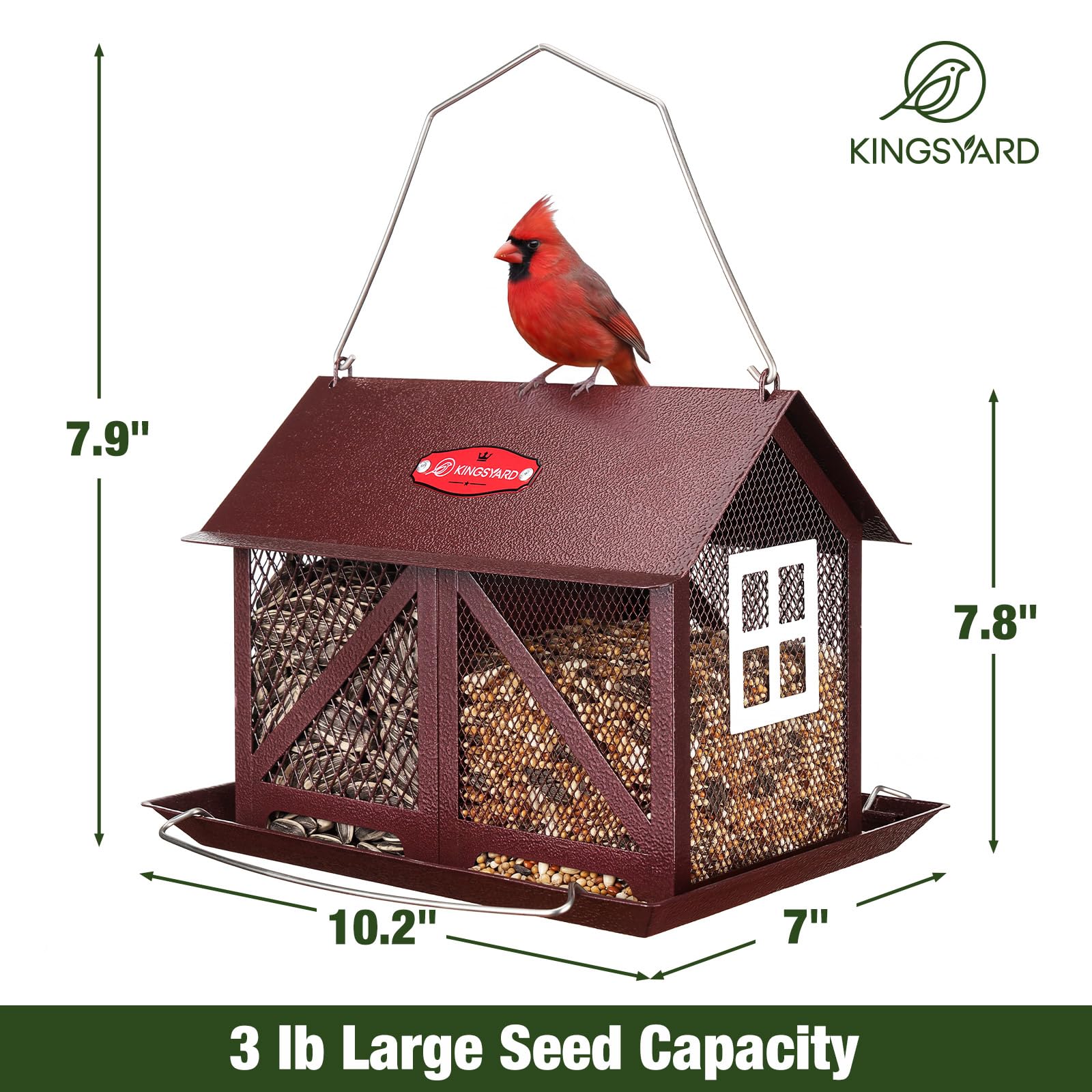Kingsyard feeder with seed-tray and built-in perch supports multiple feeding styles.