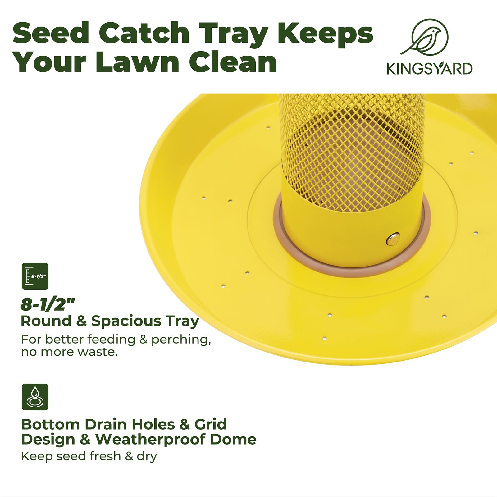 Kingsyard Finch Bird Feeder seed-saving tray reduces waste and keeps seed fresh.