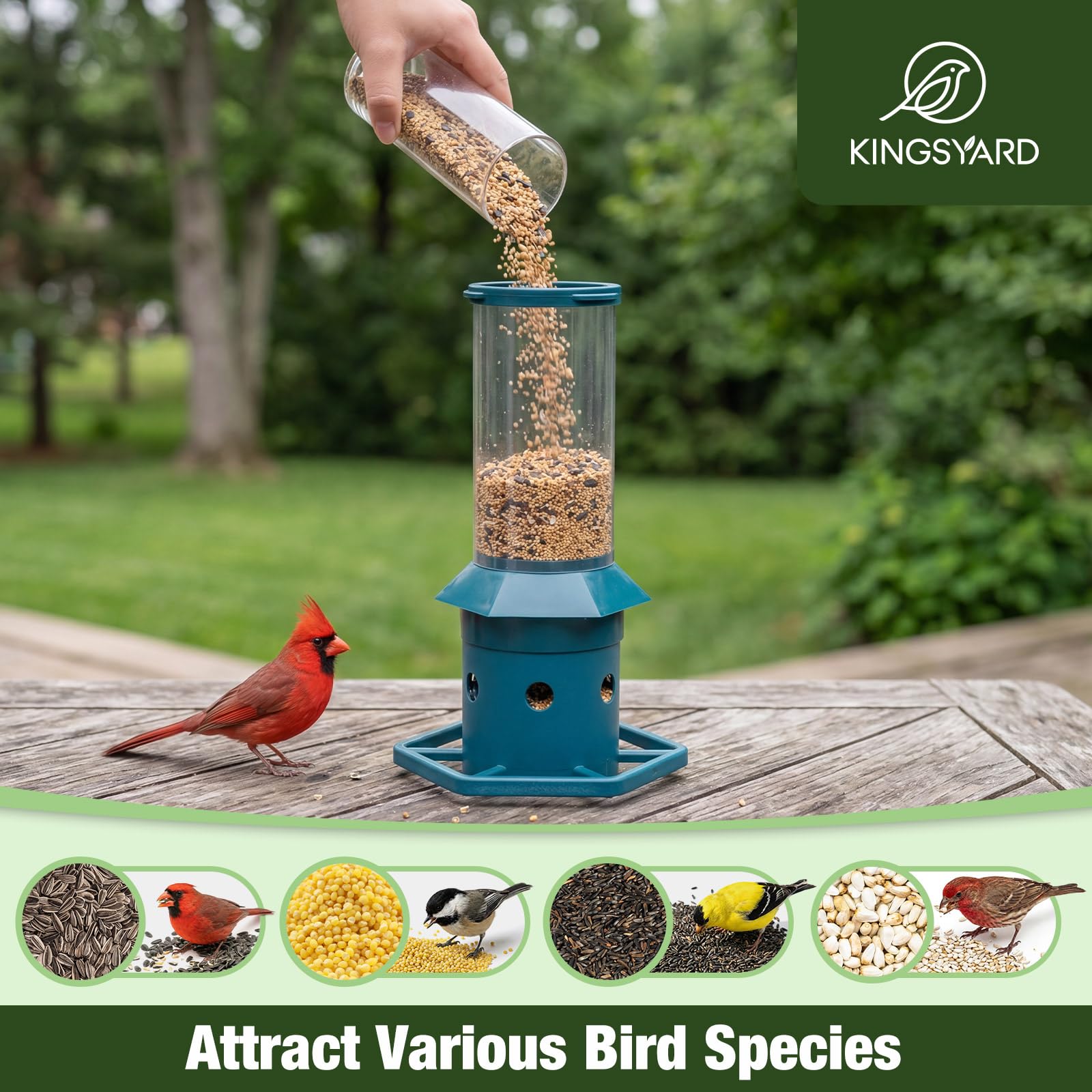 Kingsyard four-pound seed capacity supports longer birdwatching between refills.