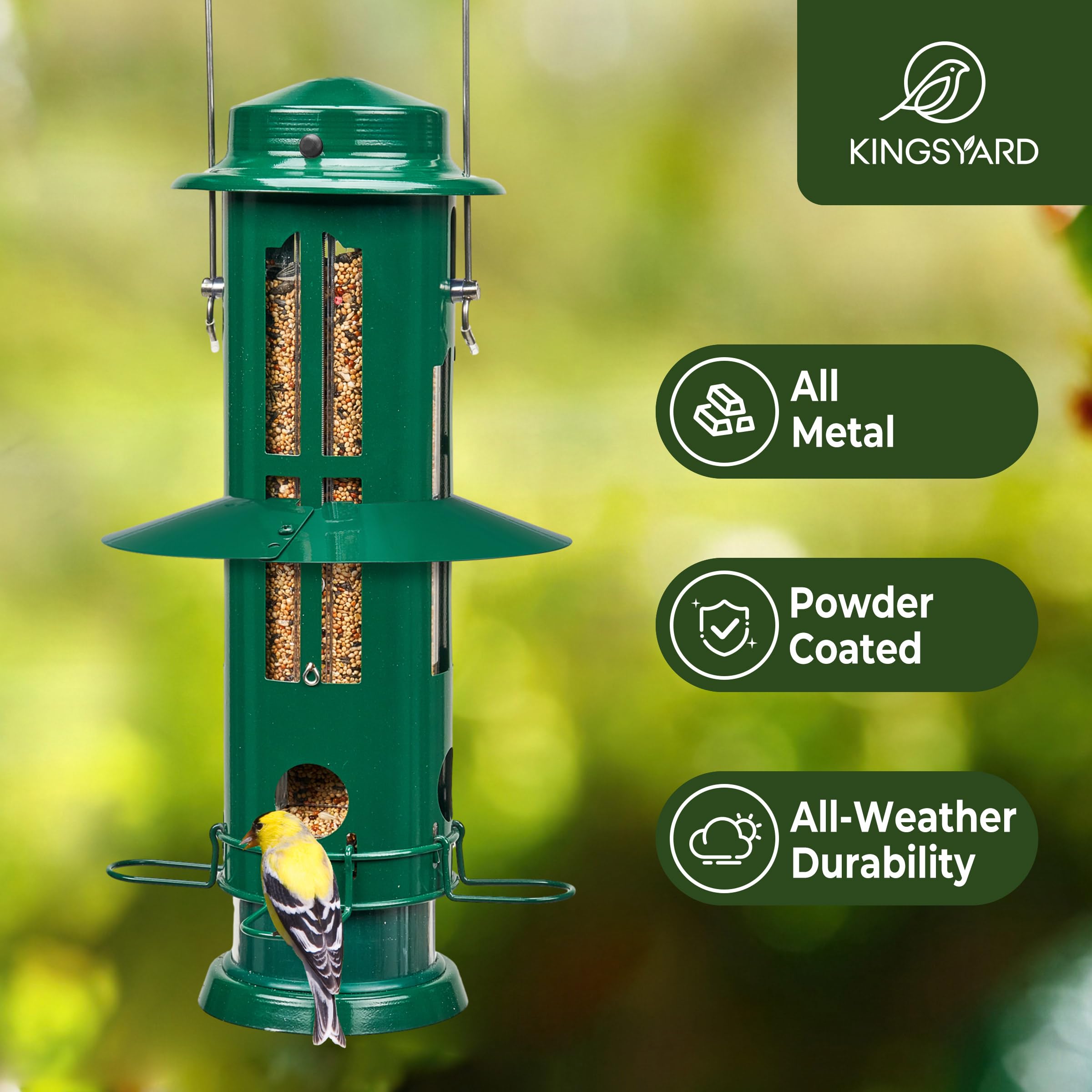 Kingsyard garden feeder attracts finches and chickadees for daily birdwatching enjoyment.