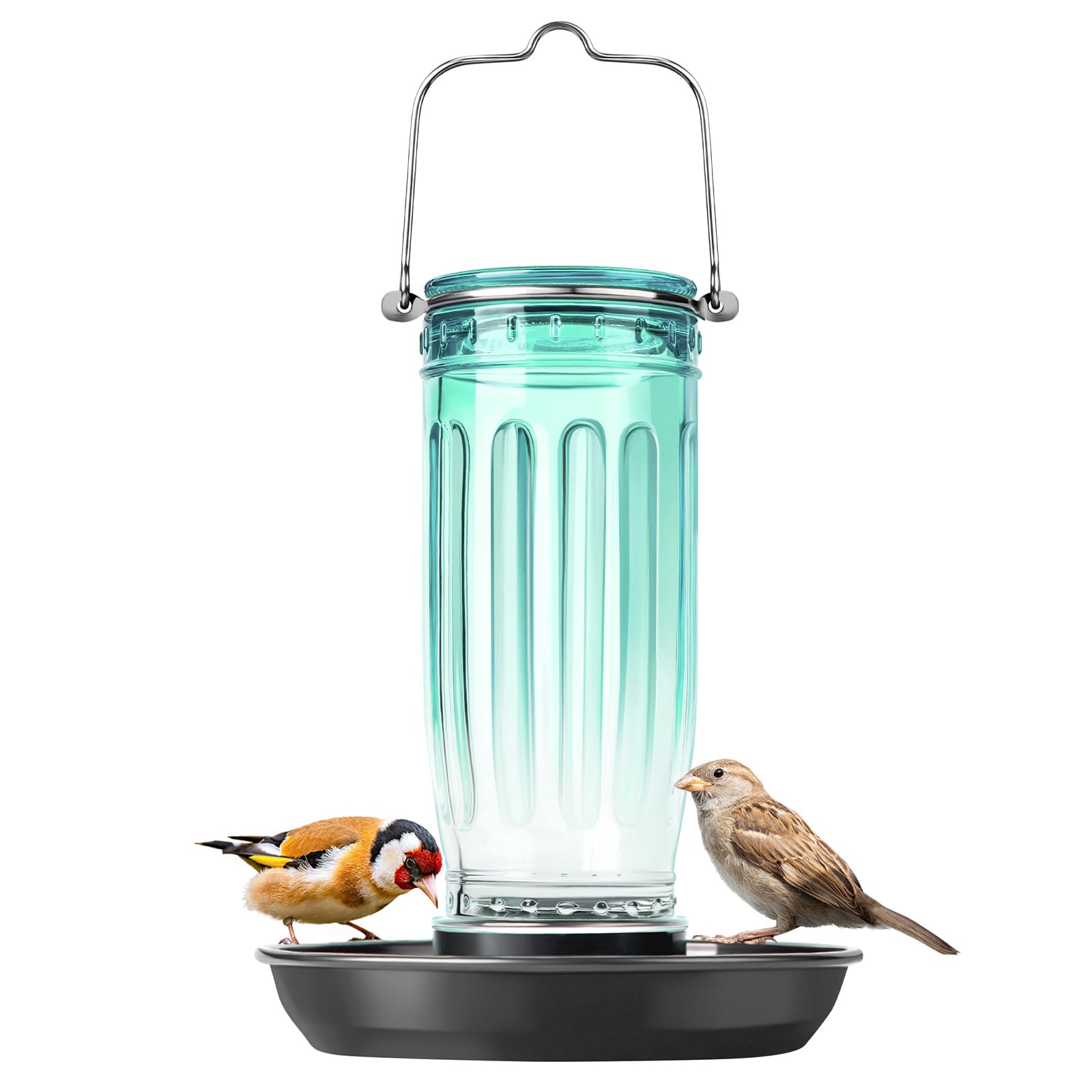 Kingsyard glass bird water dispenser in green, enticing small birds to drink and visit.