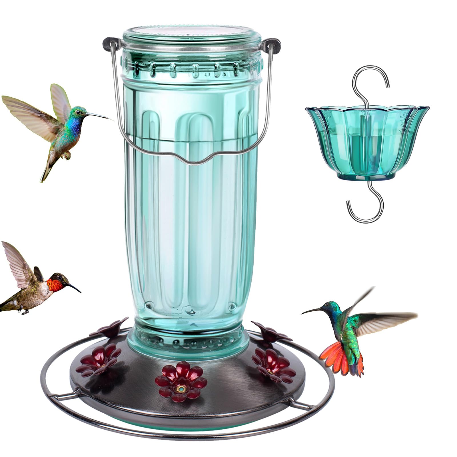 Kingsyard glass hummingbird feeder hanging on branch with six ports inviting birds
