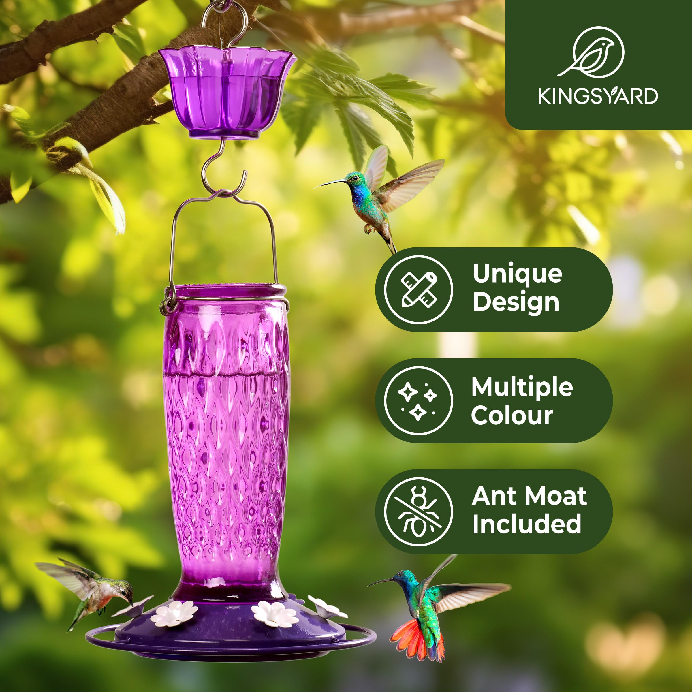 Kingsyard feeder shows six flower-shaped ports for easy hummingbird feeding.