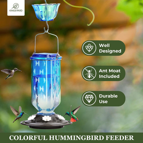 Kingsyard glass hummingbird feeder 6-port attracts several birds with flower-shaped ports.