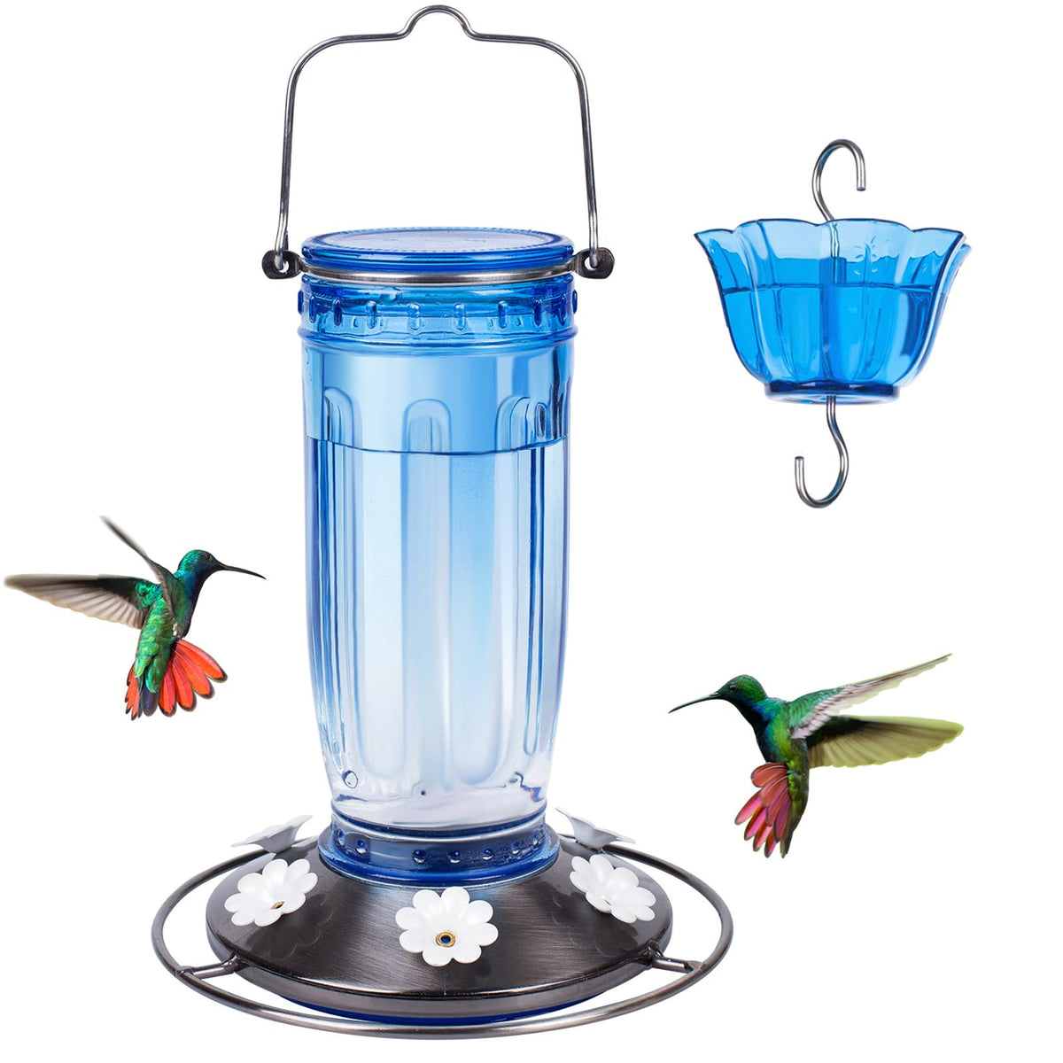 Kingsyard glass hummingbird feeder with six ports attracts multiple birds.