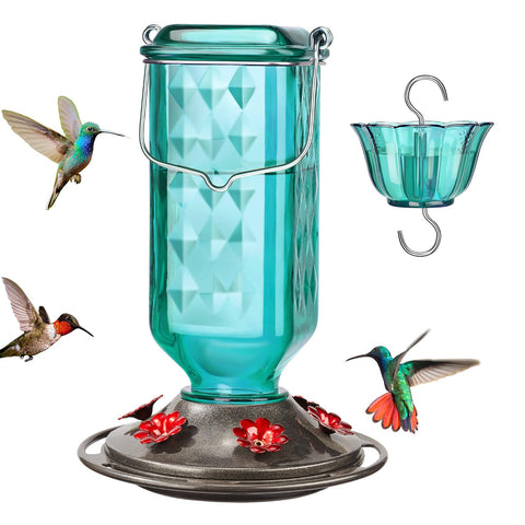 Kingsyard glass hummingbird feeder with six ports in turquoise attracts multiple garden visitors