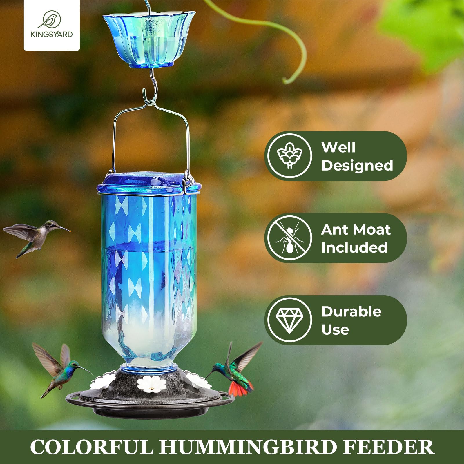 Kingsyard glass hummingbird feeder with six ports attracts multiple hummingbirds.