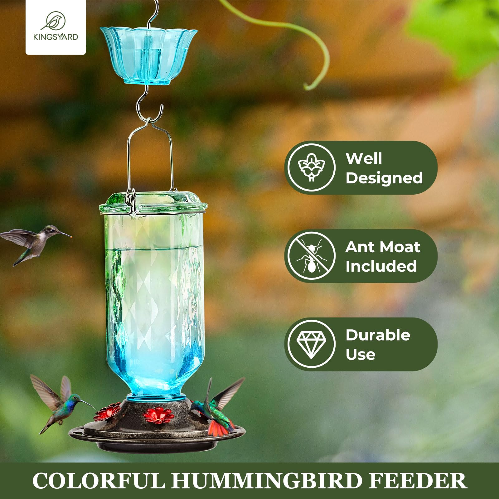 Kingsyard glass hummingbird feeder with ant moat protects nectar from ants