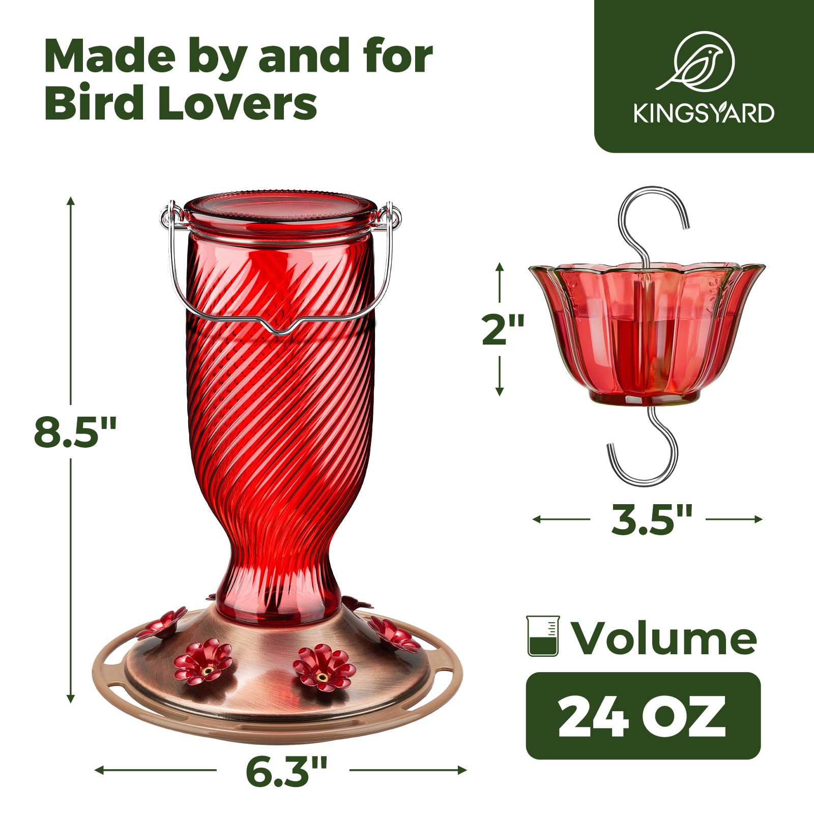 Kingsyard glass hummingbird feeder showing an ant moat to keep nectar clean.