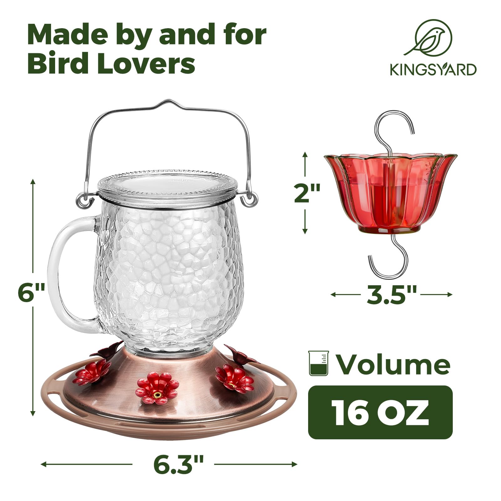 Kingsyard Glass Hummingbird Feeder with ant moat protects nectar from pests.