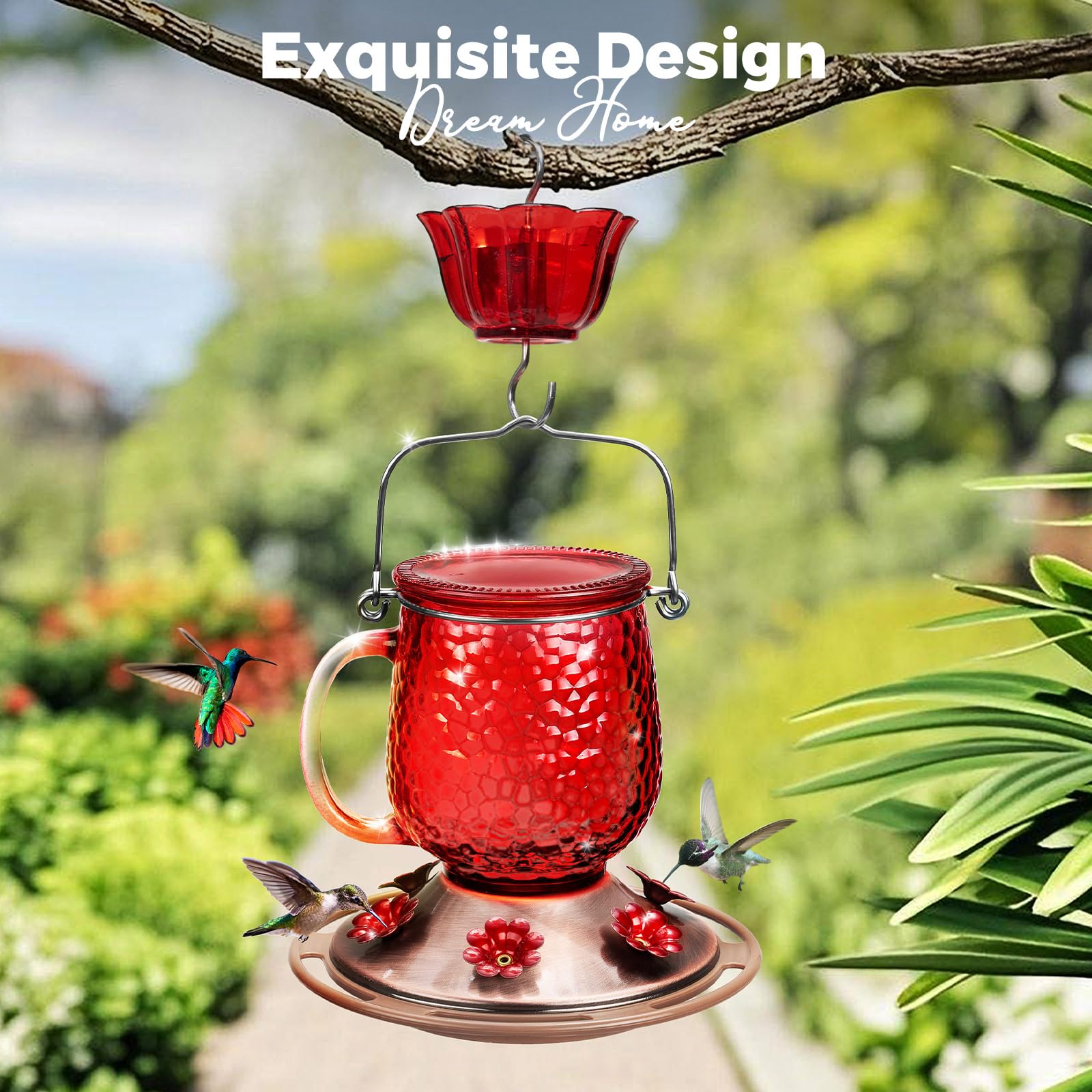 Kingsyard glass hummingbird feeder ant moat deters pests around nectar.