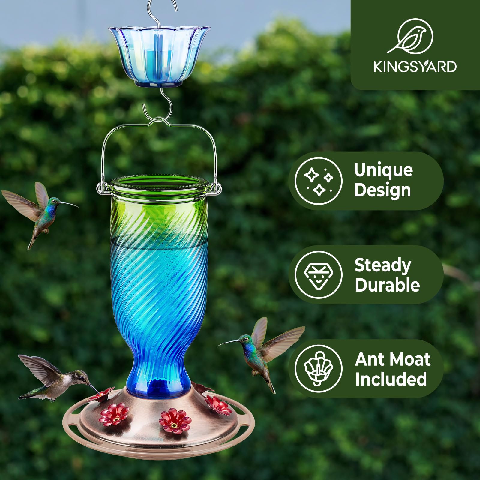 Kingsyard feeder with bee-guard ports keeps bees away while hummingbirds sip nectar