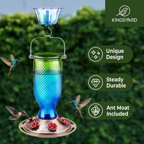 Kingsyard feeder with bee-guard ports keeps bees away while hummingbirds sip nectar