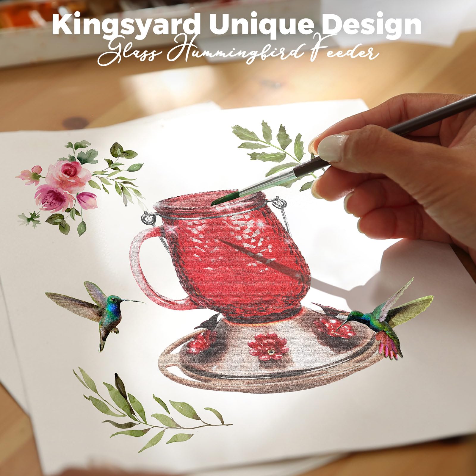 Kingsyard glass hummingbird feeder easy refill design for quick cleaning.