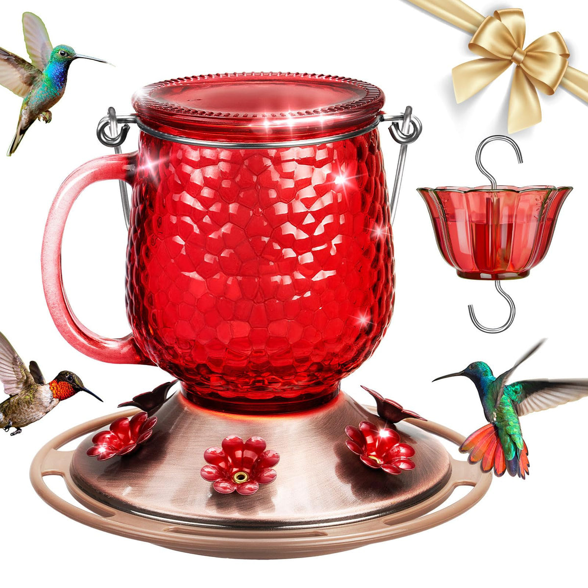 Kingsyard glass hummingbird feeder front view with six ports for multiple birds.