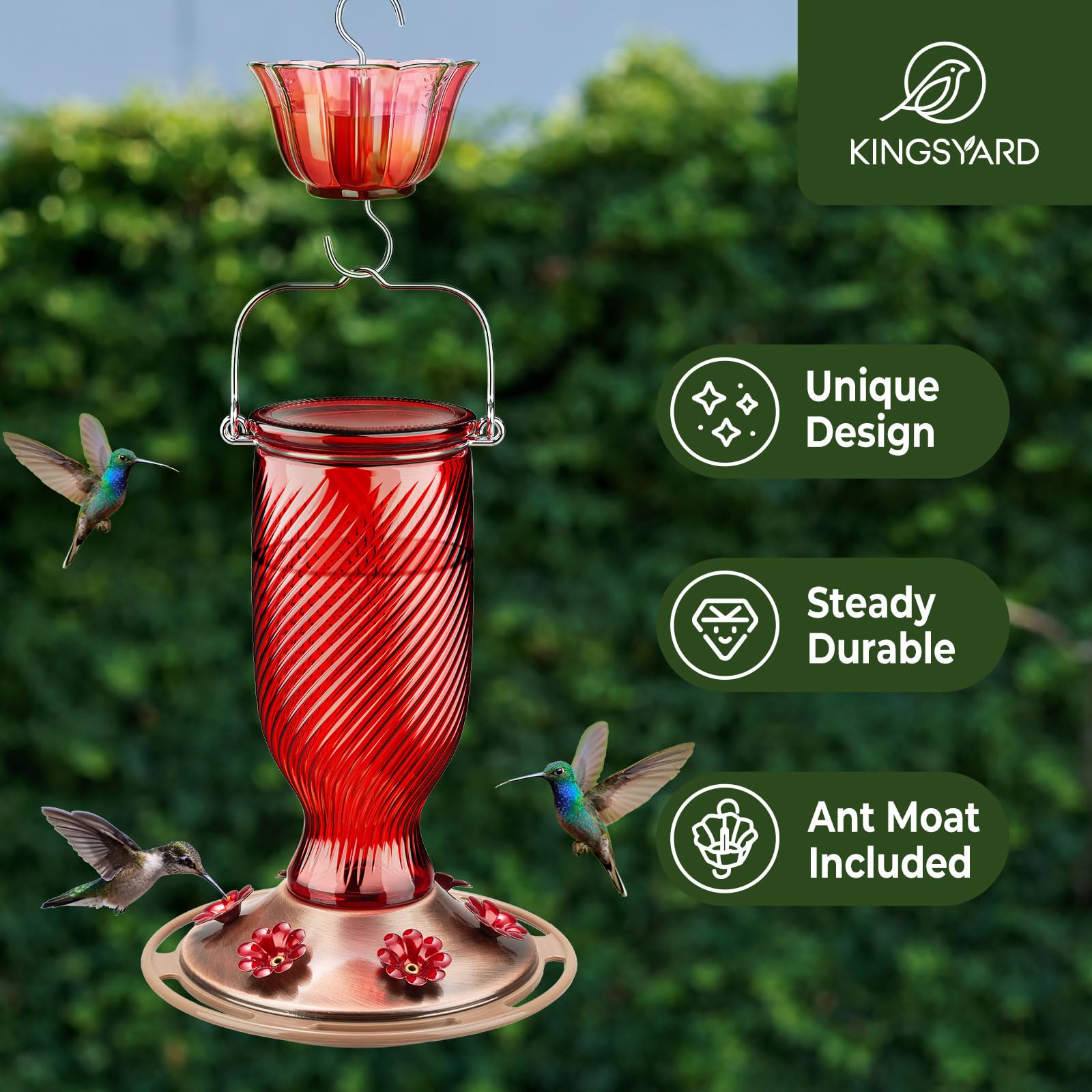 Kingsyard glass hummingbird feeder featuring a leak-proof base for outdoors.