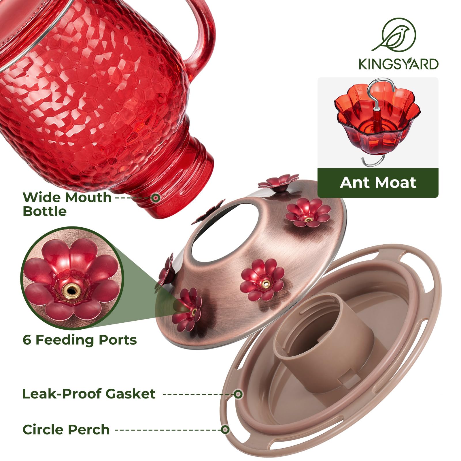 Kingsyard glass hummingbird feeder leak-proof reservoir prevents nectar spills.