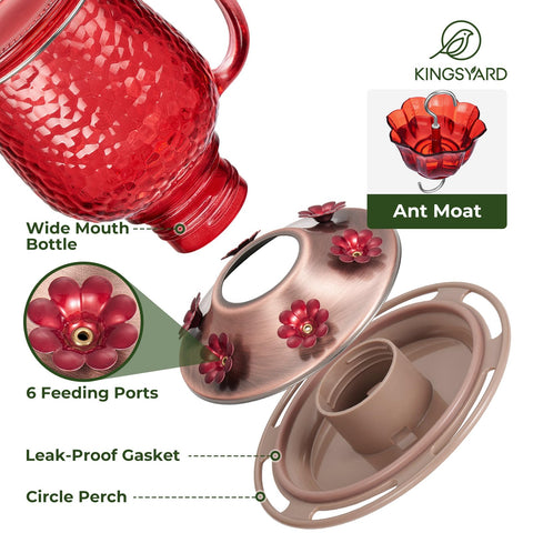 Kingsyard glass hummingbird feeder leak-proof reservoir prevents nectar spills.