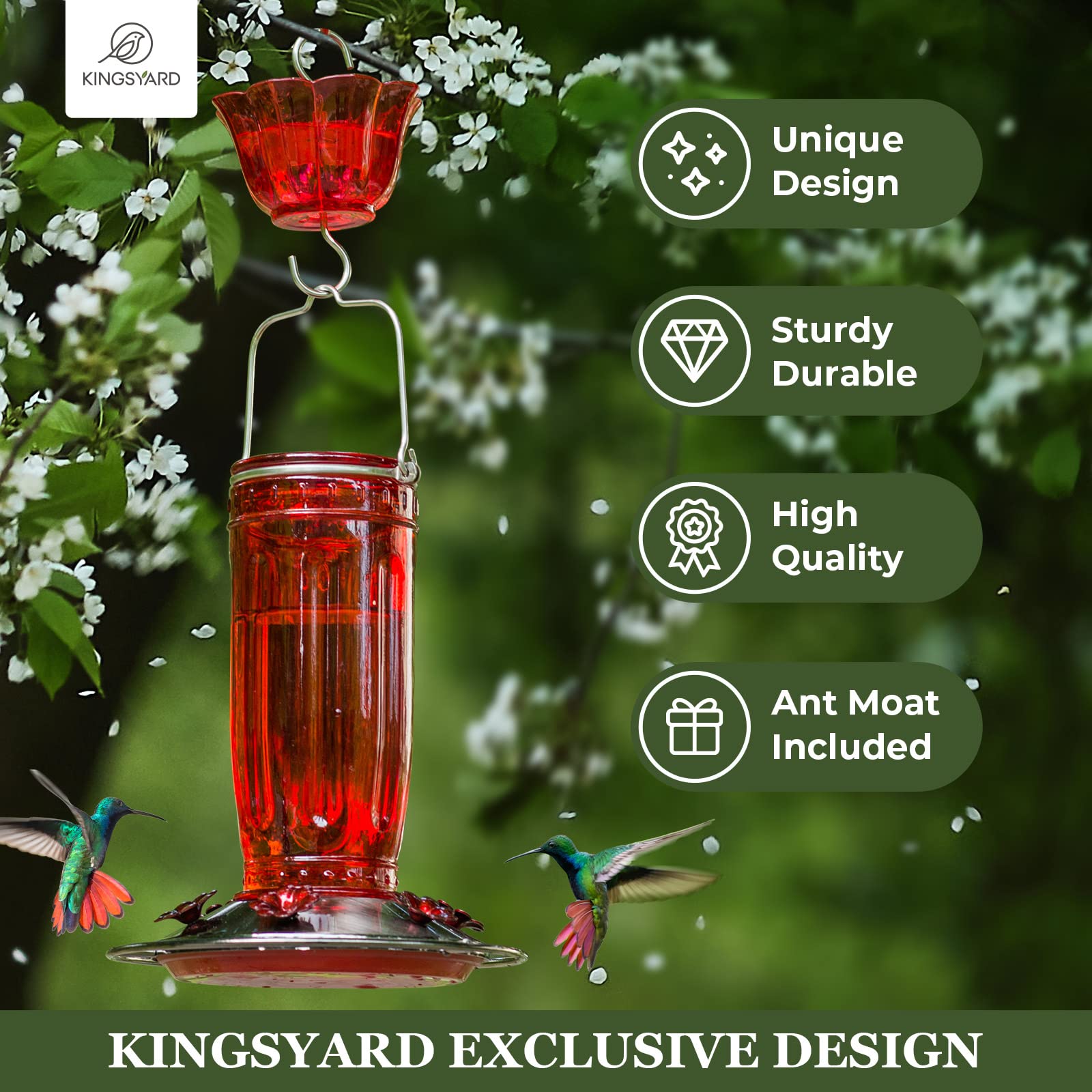 Kingsyard feeder leakproof base provides stable hanging and mess-free nectar.