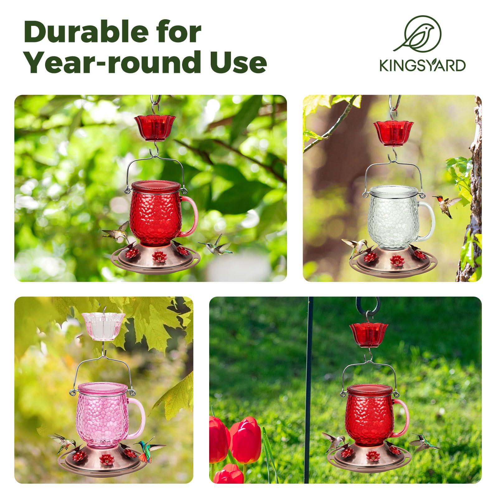 Kingsyard glass hummingbird feeder outdoor scene in a garden setting.