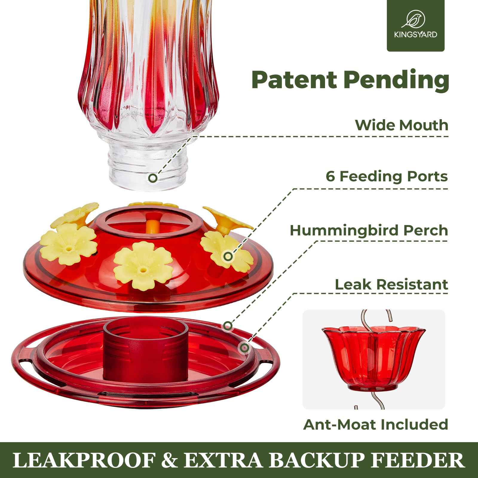 Kingsyard red feeder with bee-proof ports close-up for hummingbirds
