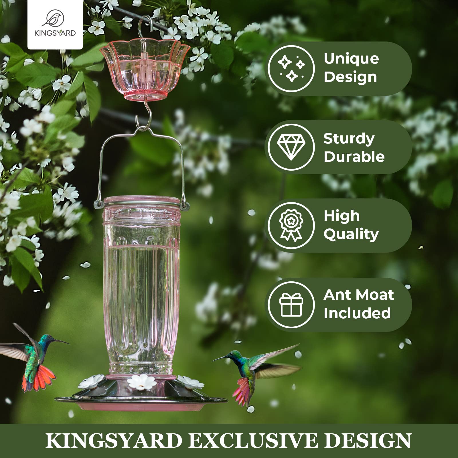 Kingsyard glass hummingbird feeder with 6 ports supports multiple birds.