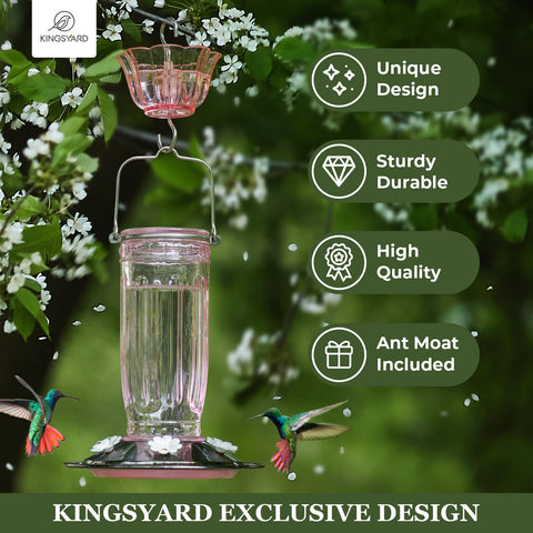 Kingsyard glass hummingbird feeder with 6 ports supports multiple birds.