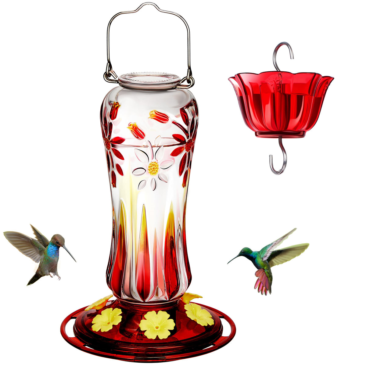 Kingsyard glass hummingbird feeder red side view, attracts vibrant visitors